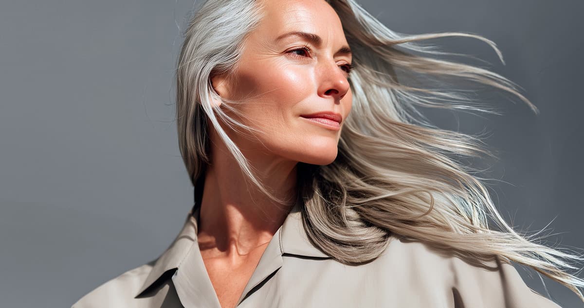 Woman with long silver hair blowing in the wind