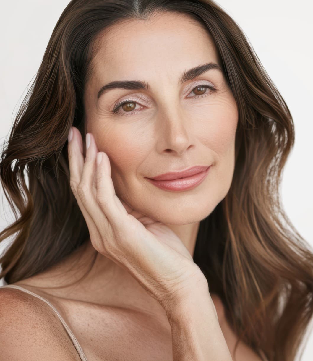 Woman with a smooth, lifted brow resting her hand against her face