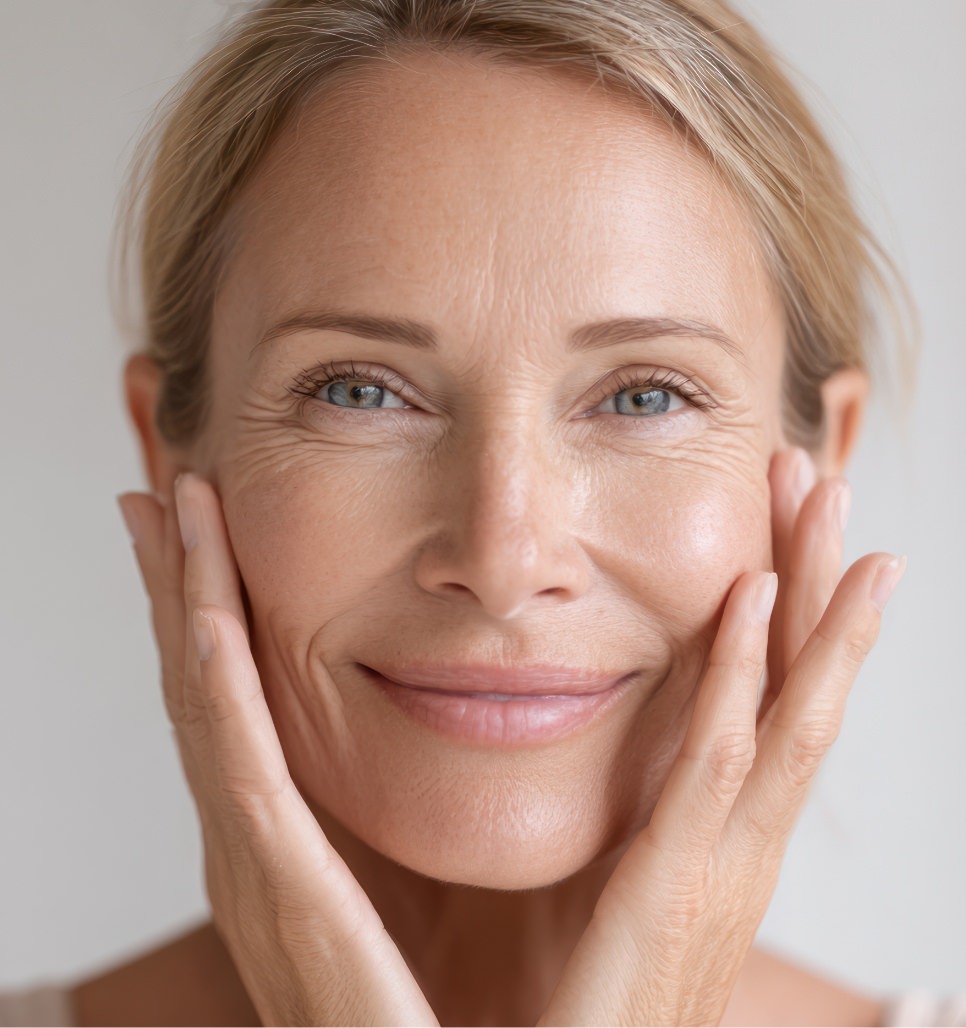 Mature blonde woman gently touching her face, showing natural fine lines and healthy skin.