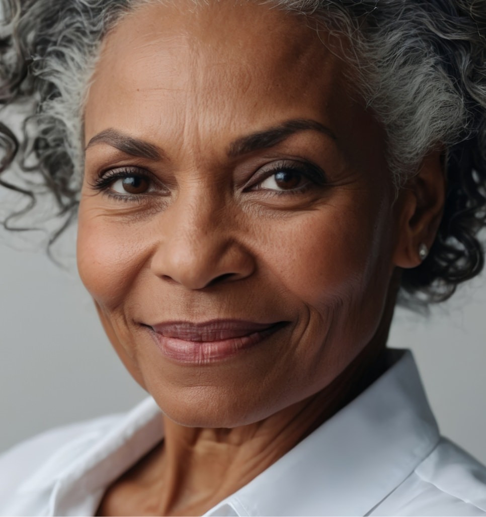 Mature Black woman with short gray curls and natural facial lines smiling softly at the camera.