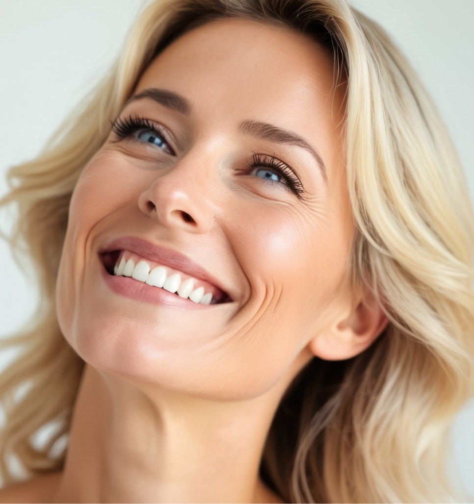 Smiling blonde woman looking upward with visible smile lines in a bright close-up portrait.