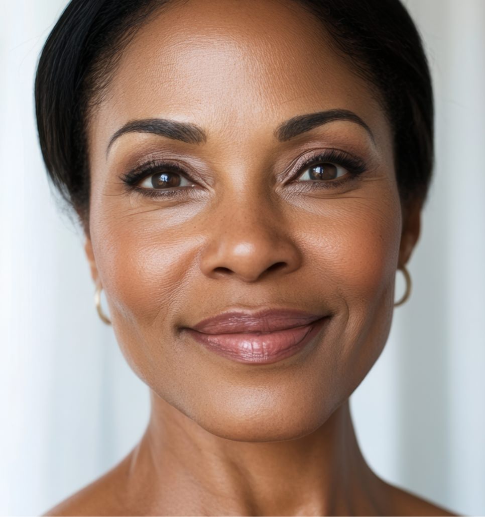 Mature Black woman with short dark hair and natural facial lines smiling softly at the camera.