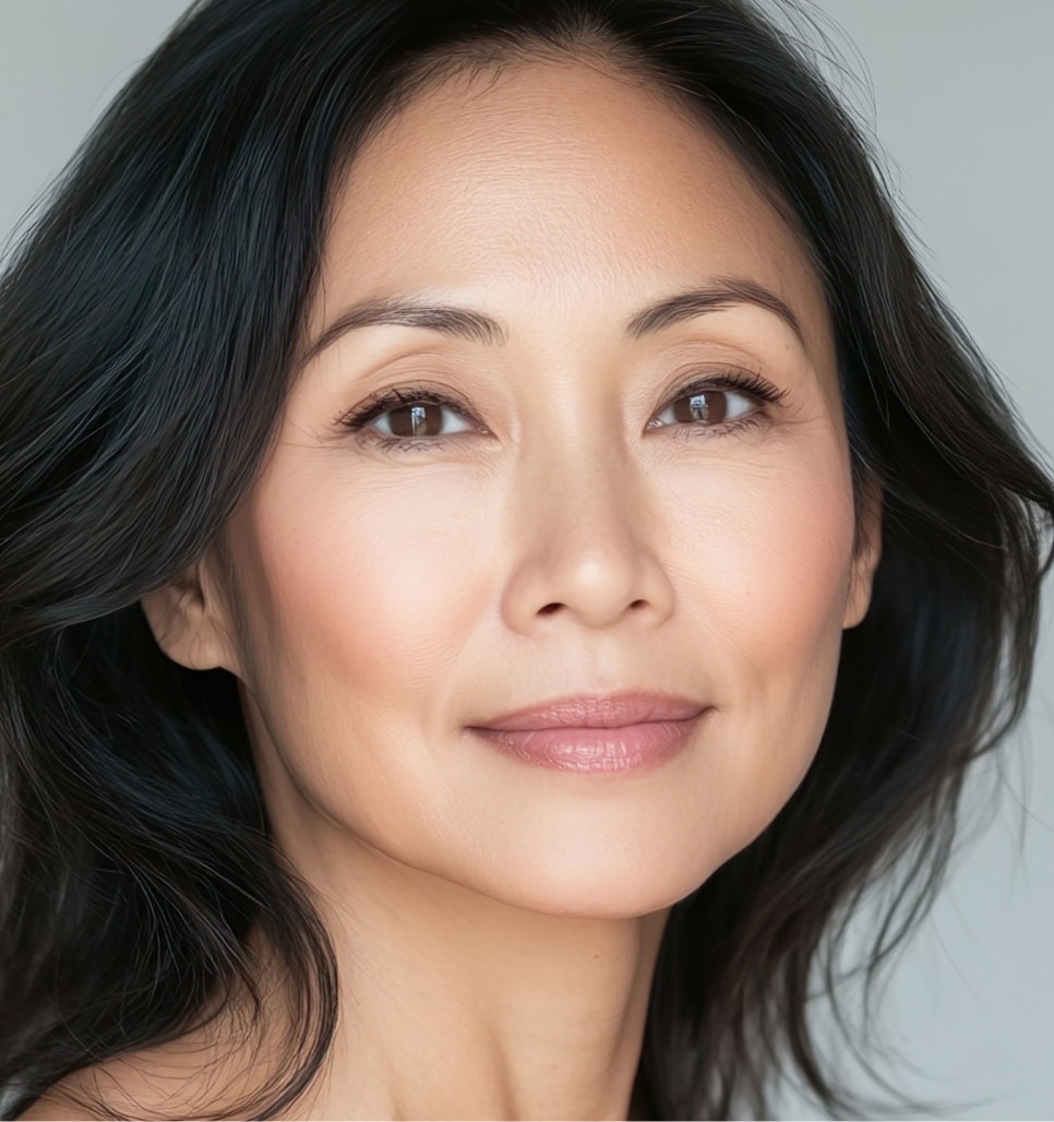 Mature Asian woman with long dark hair and subtle facial lines in a softly lit close-up portrait.