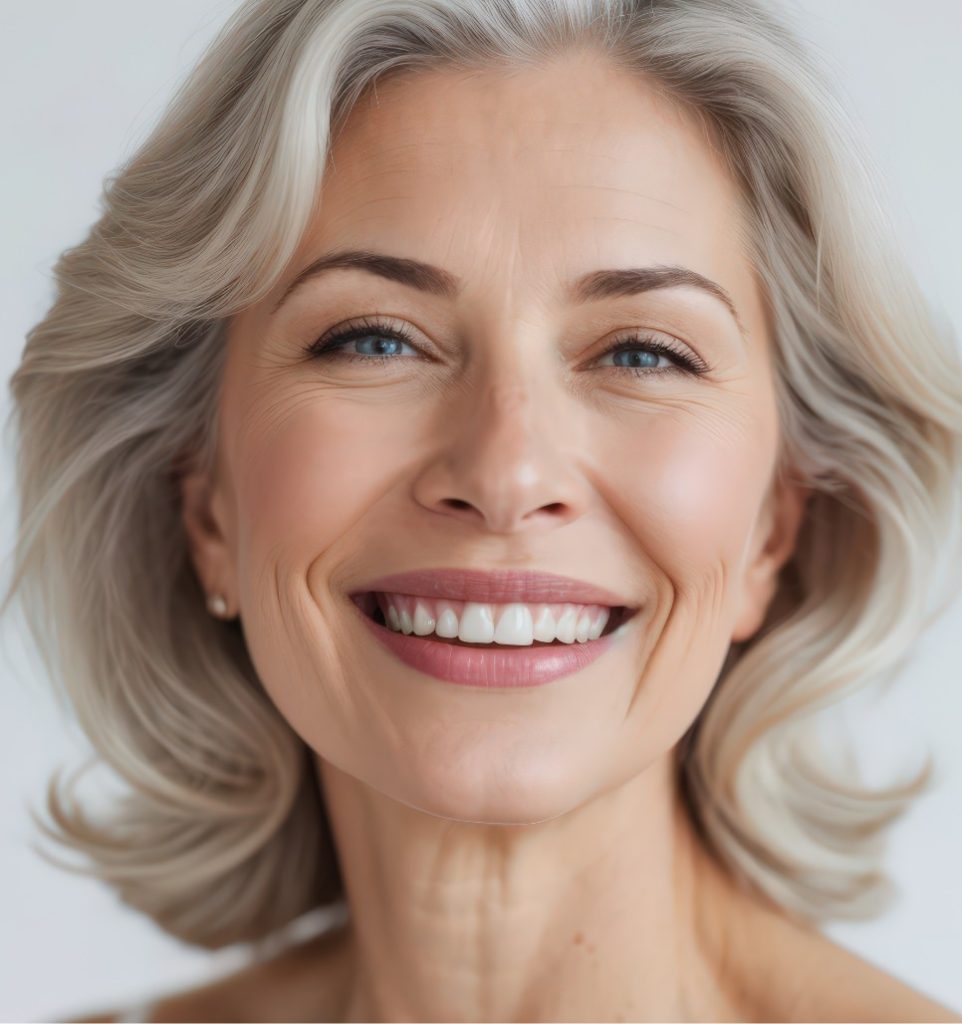 Smiling mature woman with silver-blonde hair and natural facial lines in a close-up beauty portrait.