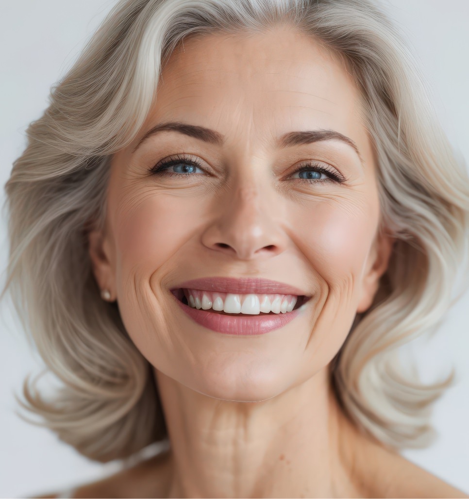 Smiling mature woman with silver-blonde hair and natural facial lines in a close-up beauty portrait.