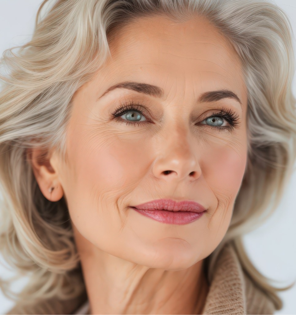 Mature silver-haired woman shown at a slight angle with natural facial lines and soft makeup.