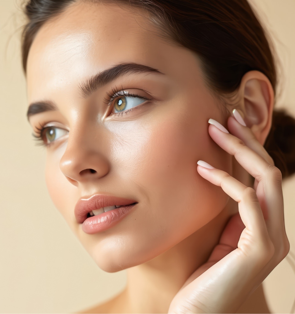 Young woman touching the side of her face in a softly lit skincare beauty portrait.