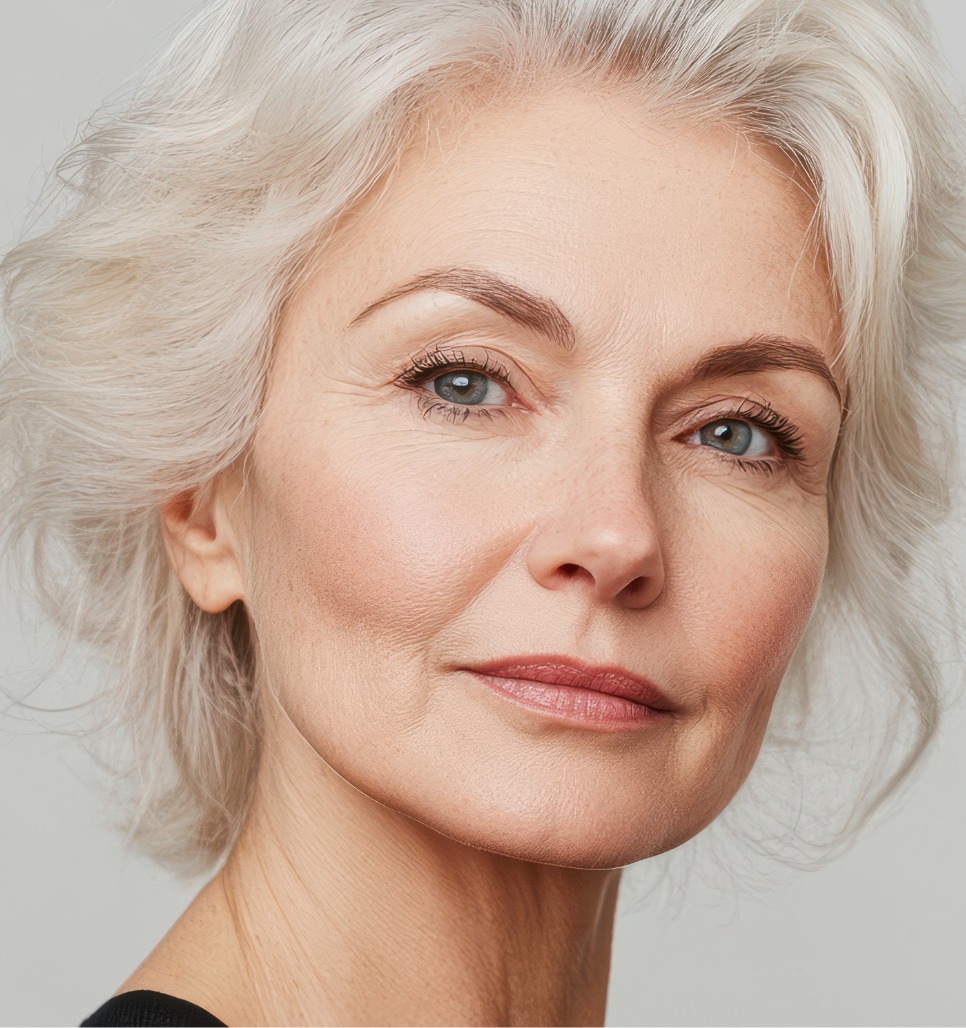 Mature white-haired woman with natural skin texture and facial lines in a three-quarter portrait.