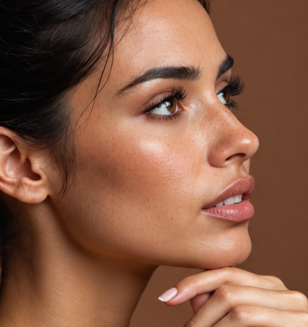 Woman with dark hair shown in a close-up side profile with defined facial contours
