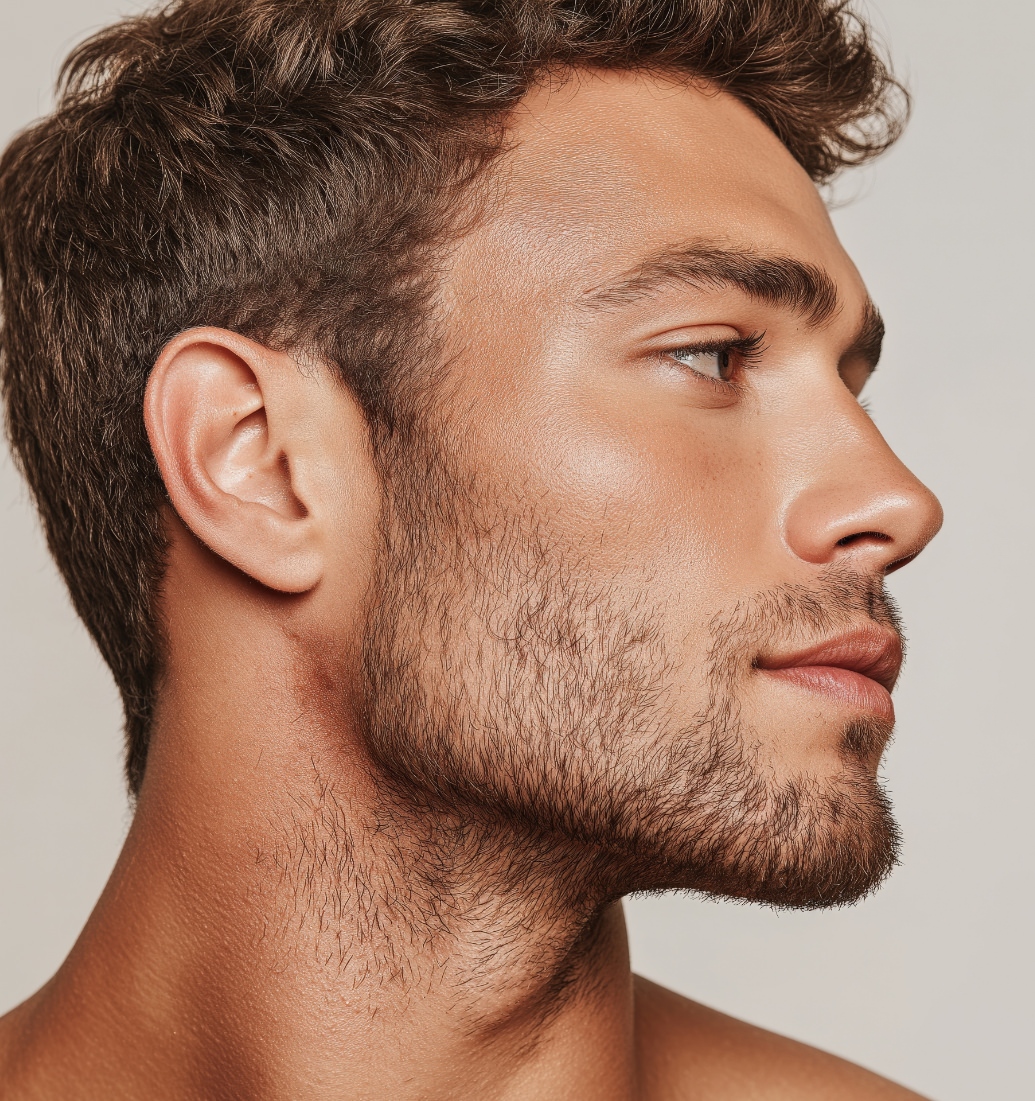 Man shown in side profile with short curly hair, facial stubble, and a defined jawline