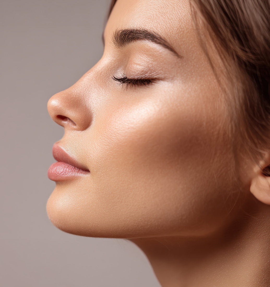 Woman shown in side profile with eyes closed and smooth, defined facial contours